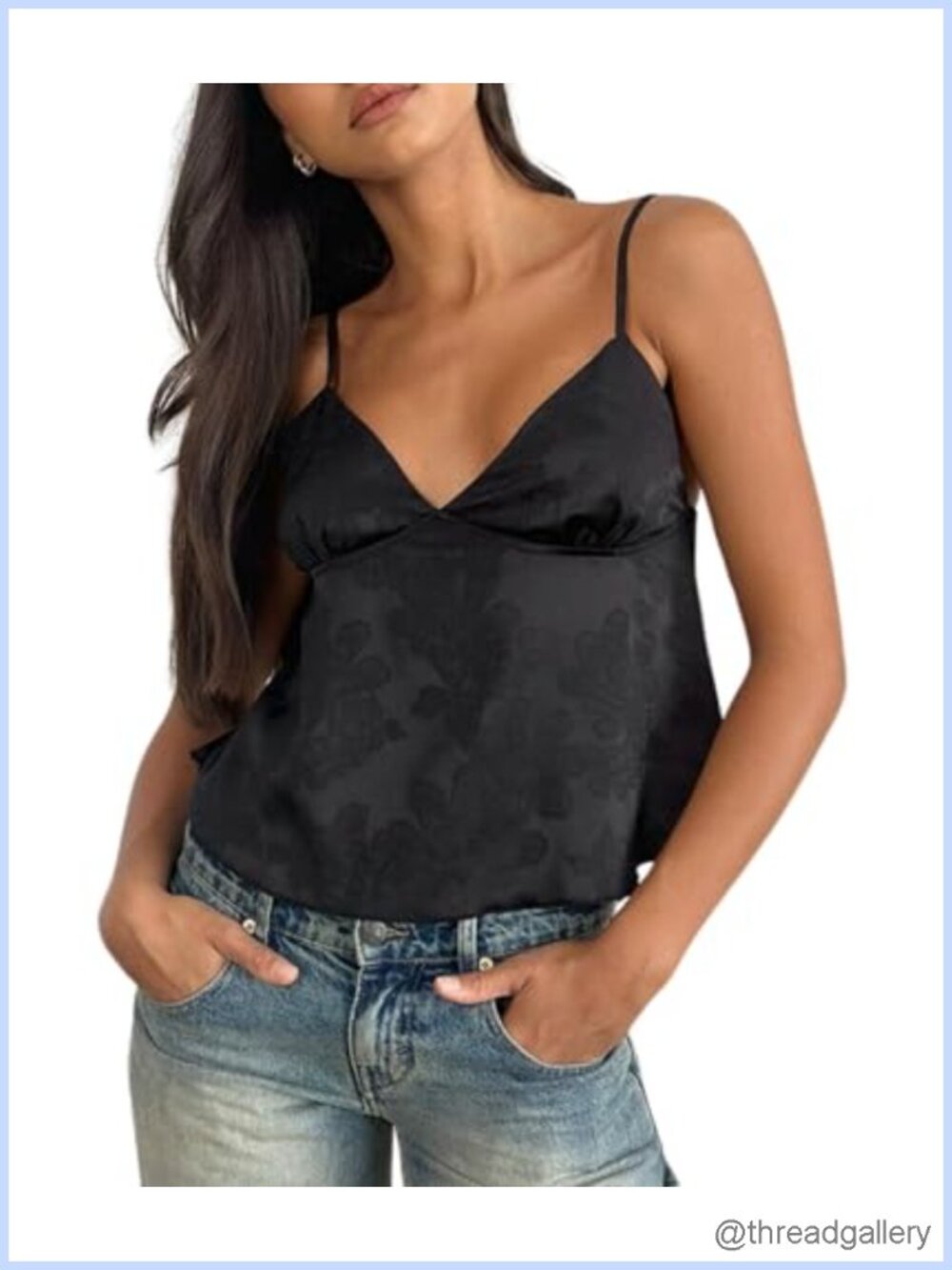 Women Satin Jacquard Floral V Neck Spaghetti Strap Crop Cami Top